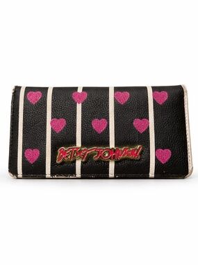 Vintage Betsey Johnson Black & White Stripe Pink Glitter Heart Fold-Over Wallet